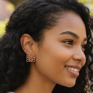 Luxury Anagram gold tone red square interlocking, filigree- earrings. NEW